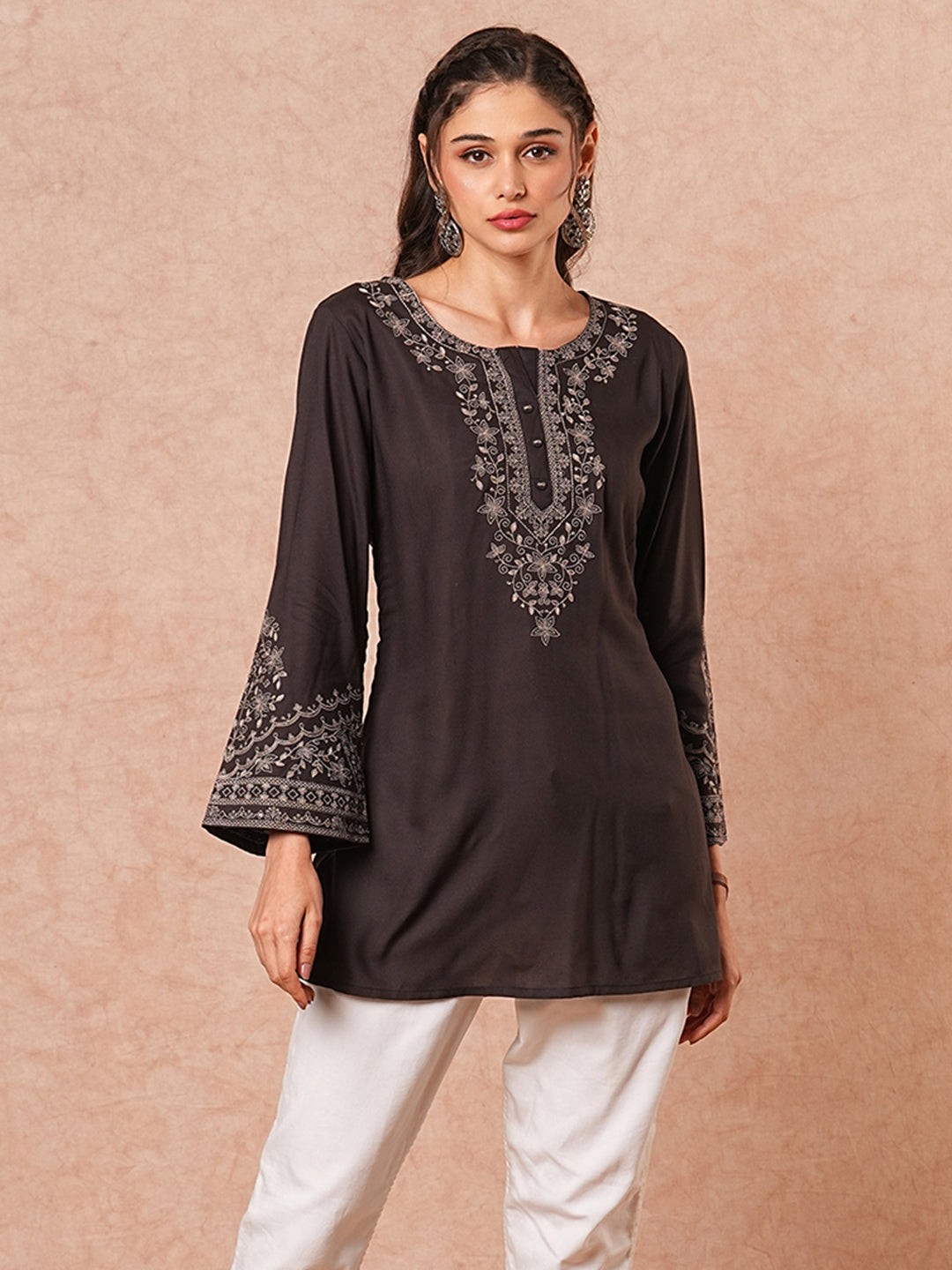 Solid Floral Sequin Embroidered A-Line Short Kurti - Black