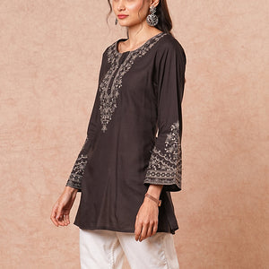 Solid Floral Sequin Embroidered A-Line Short Kurti - Black