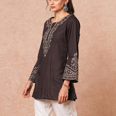 Solid Floral Sequin Embroidered A-Line Short Kurti - Black