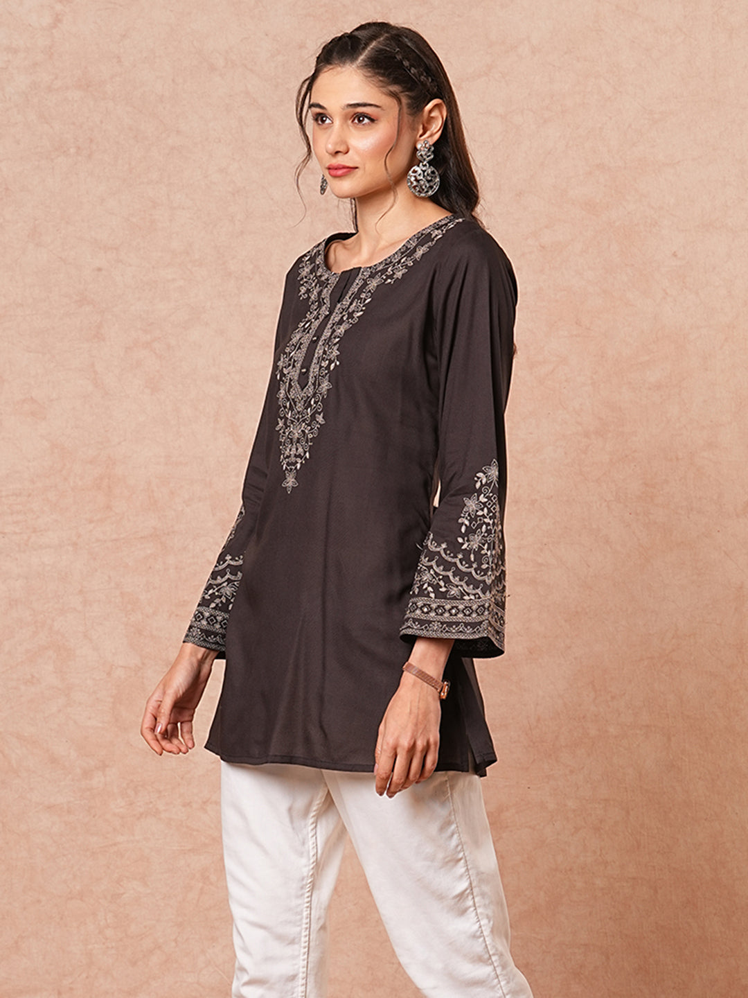 Solid Floral Sequin Embroidered A-Line Short Kurti - Black