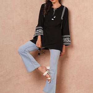 Floral Embroidered A-Line Fit Short Kurti - Black