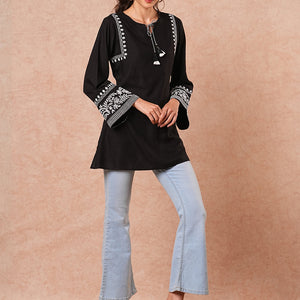 Floral Embroidered A-Line Fit Short Kurti - Black