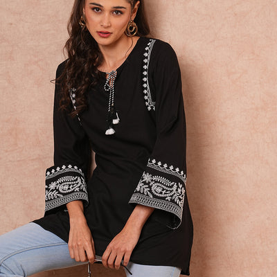 Floral Embroidered A-Line Fit Short Kurti - Black