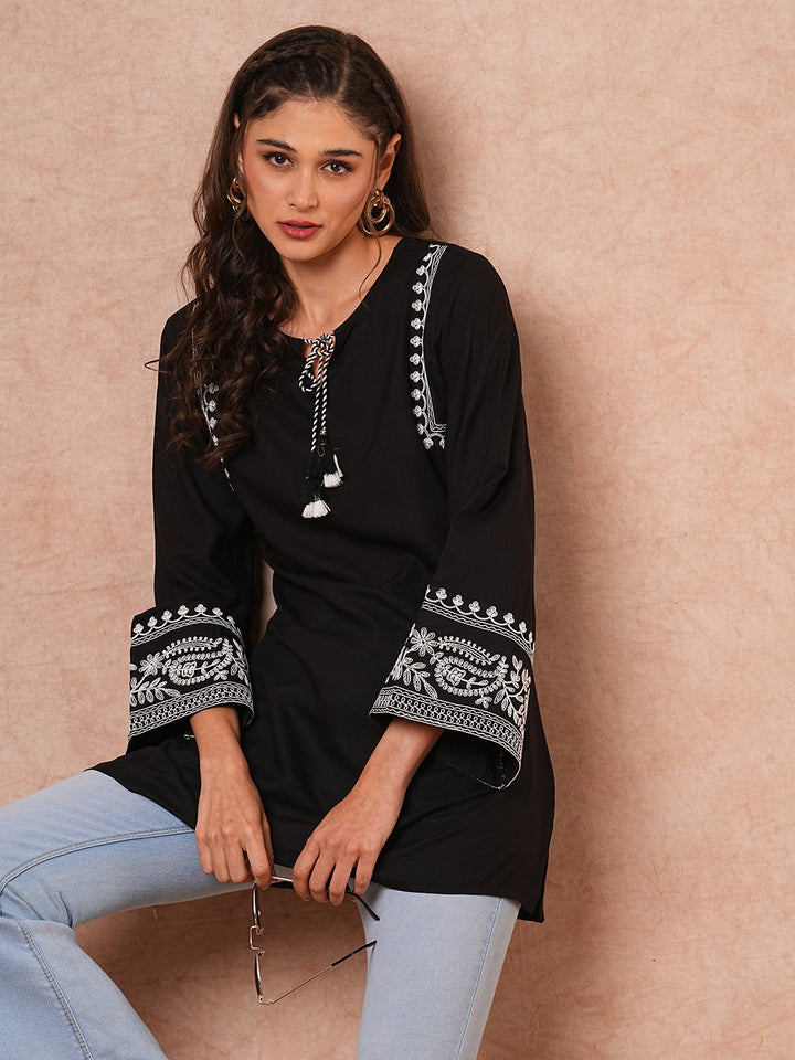 Floral Embroidered A-Line Fit Short Kurti - Black