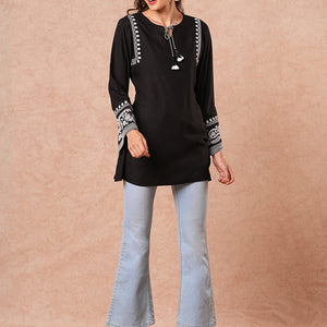 Floral Embroidered A-Line Fit Short Kurti - Black