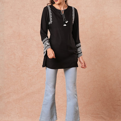 Floral Embroidered A-Line Fit Short Kurti - Black