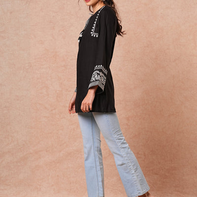 Floral Embroidered A-Line Fit Short Kurti - Black