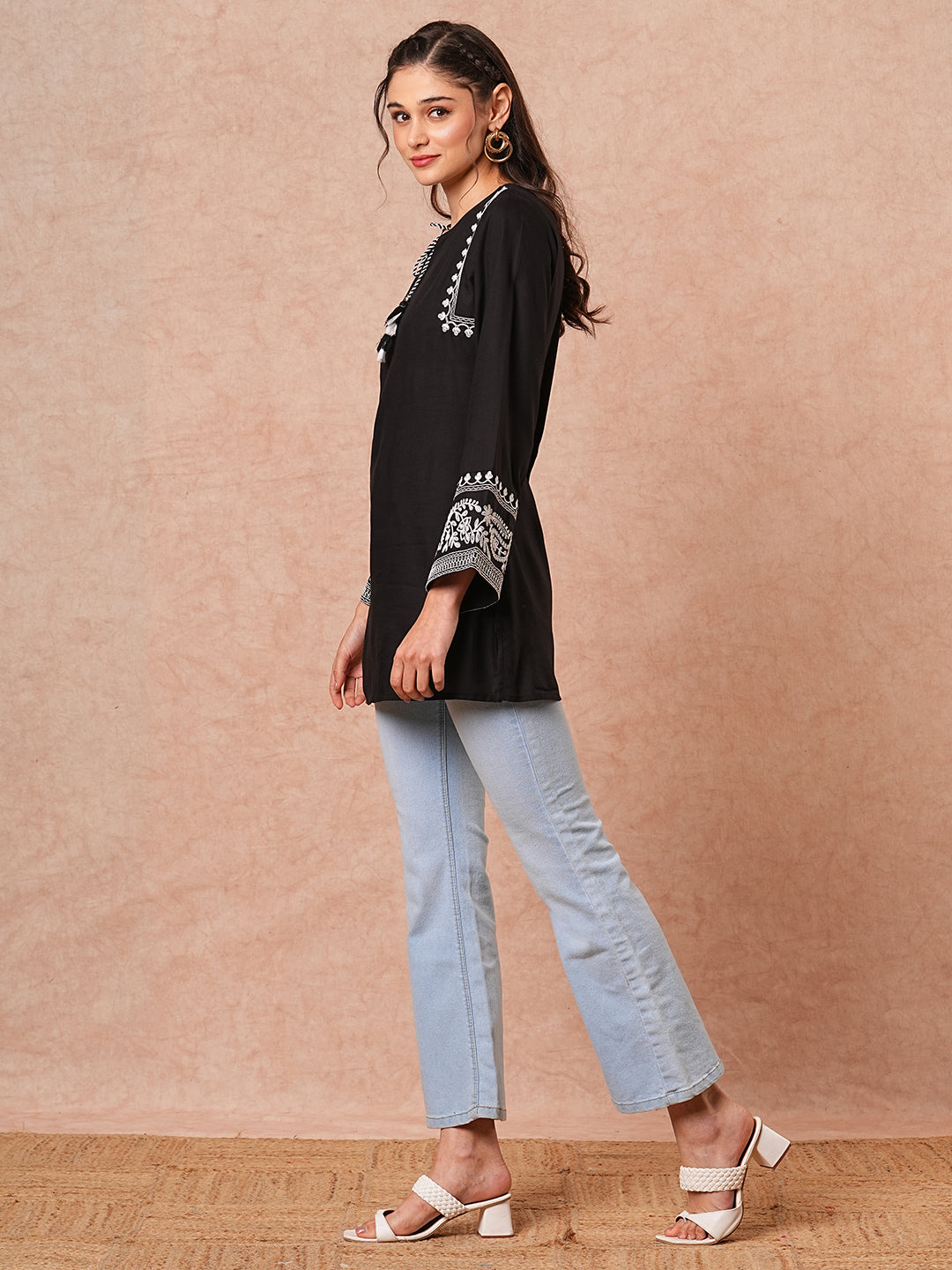 Floral Embroidered A-Line Fit Short Kurti - Black