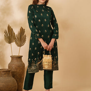 Ethnic Floral Zari Jacquard Straight Fit Kurta with Pant - Green
