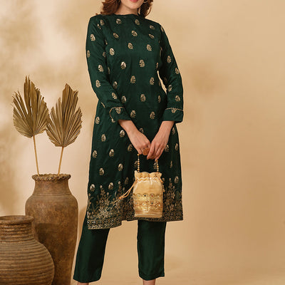 Ethnic Floral Zari Jacquard Straight Fit Kurta with Pant - Green