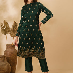 Ethnic Floral Zari Jacquard Straight Fit Kurta with Pant - Green