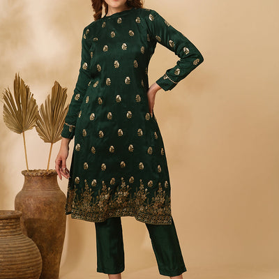 Ethnic Floral Zari Jacquard Straight Fit Kurta with Pant - Green