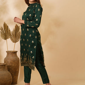 Ethnic Floral Zari Jacquard Straight Fit Kurta with Pant - Green