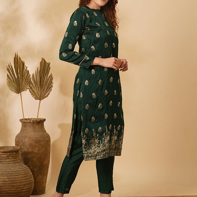 Ethnic Floral Zari Jacquard Straight Fit Kurta with Pant - Green