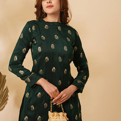 Ethnic Floral Zari Jacquard Straight Fit Kurta with Pant - Green