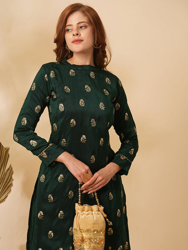 Ethnic Floral Zari Jacquard Straight Fit Kurta with Pant - Green