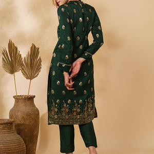 Ethnic Floral Zari Jacquard Straight Fit Kurta with Pant - Green