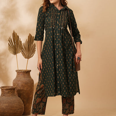 Floral Printed & Embroidered Straight Fit Kurta with Pant - Green