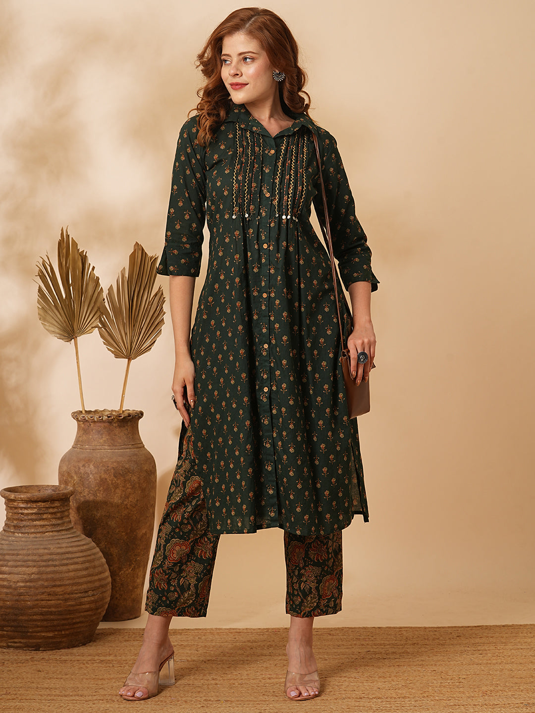 Floral Printed & Embroidered Straight Fit Kurta with Pant - Green