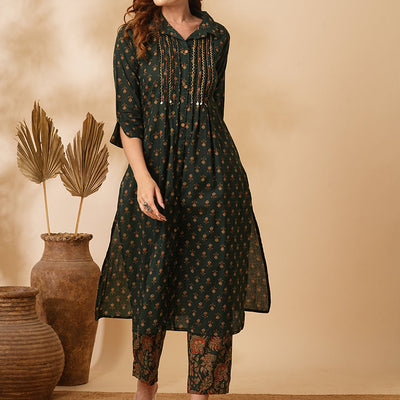 Floral Printed & Embroidered Straight Fit Kurta with Pant - Green