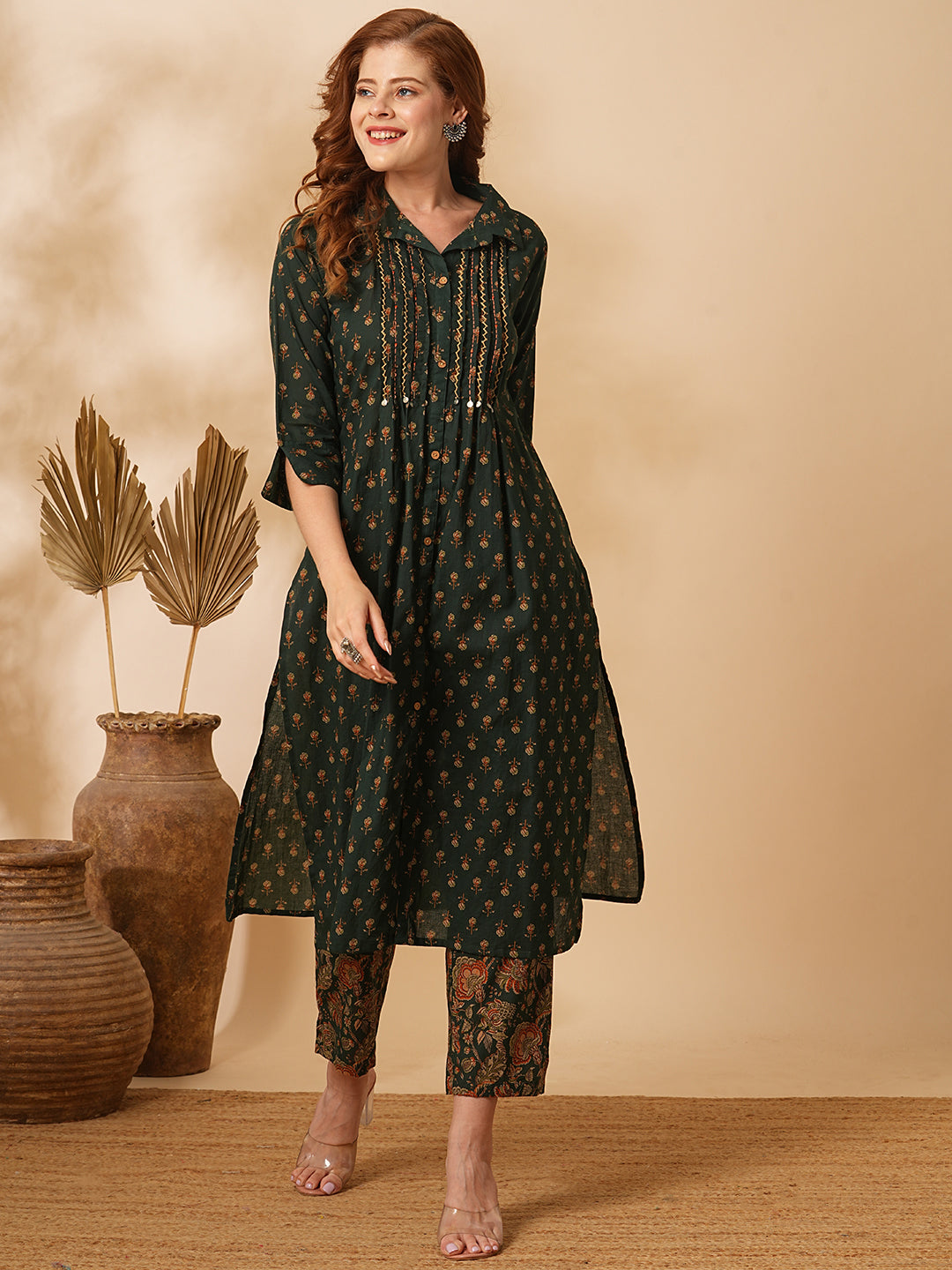 Floral Printed & Embroidered Straight Fit Kurta with Pant - Green