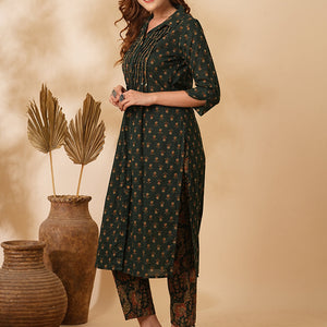 Floral Printed & Embroidered Straight Fit Kurta with Pant - Green