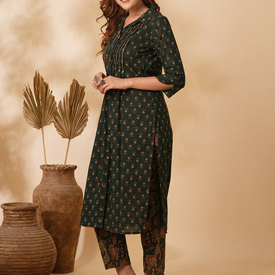 Floral Printed & Embroidered Straight Fit Kurta with Pant - Green