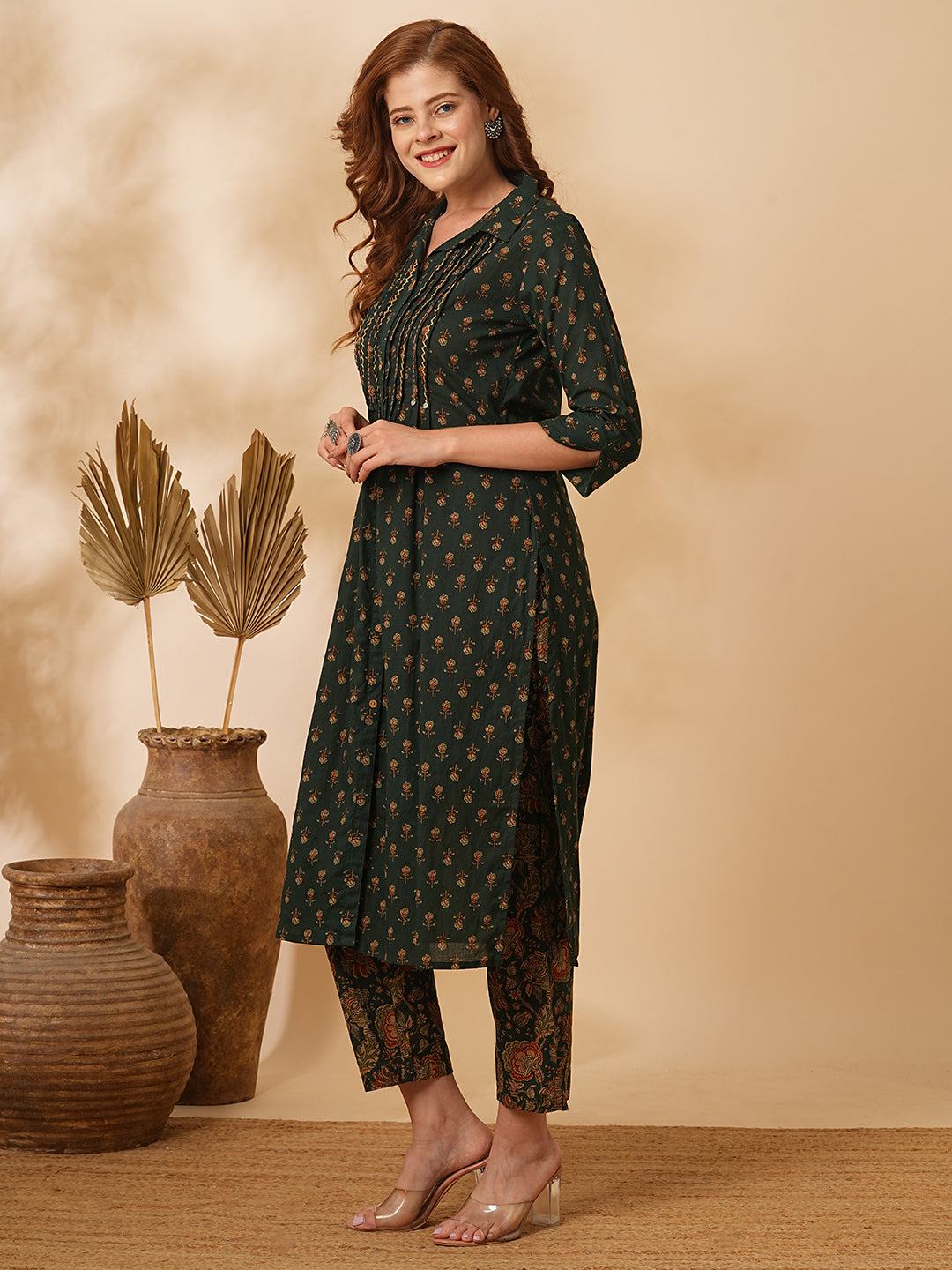 Floral Printed & Embroidered Straight Fit Kurta with Pant - Green