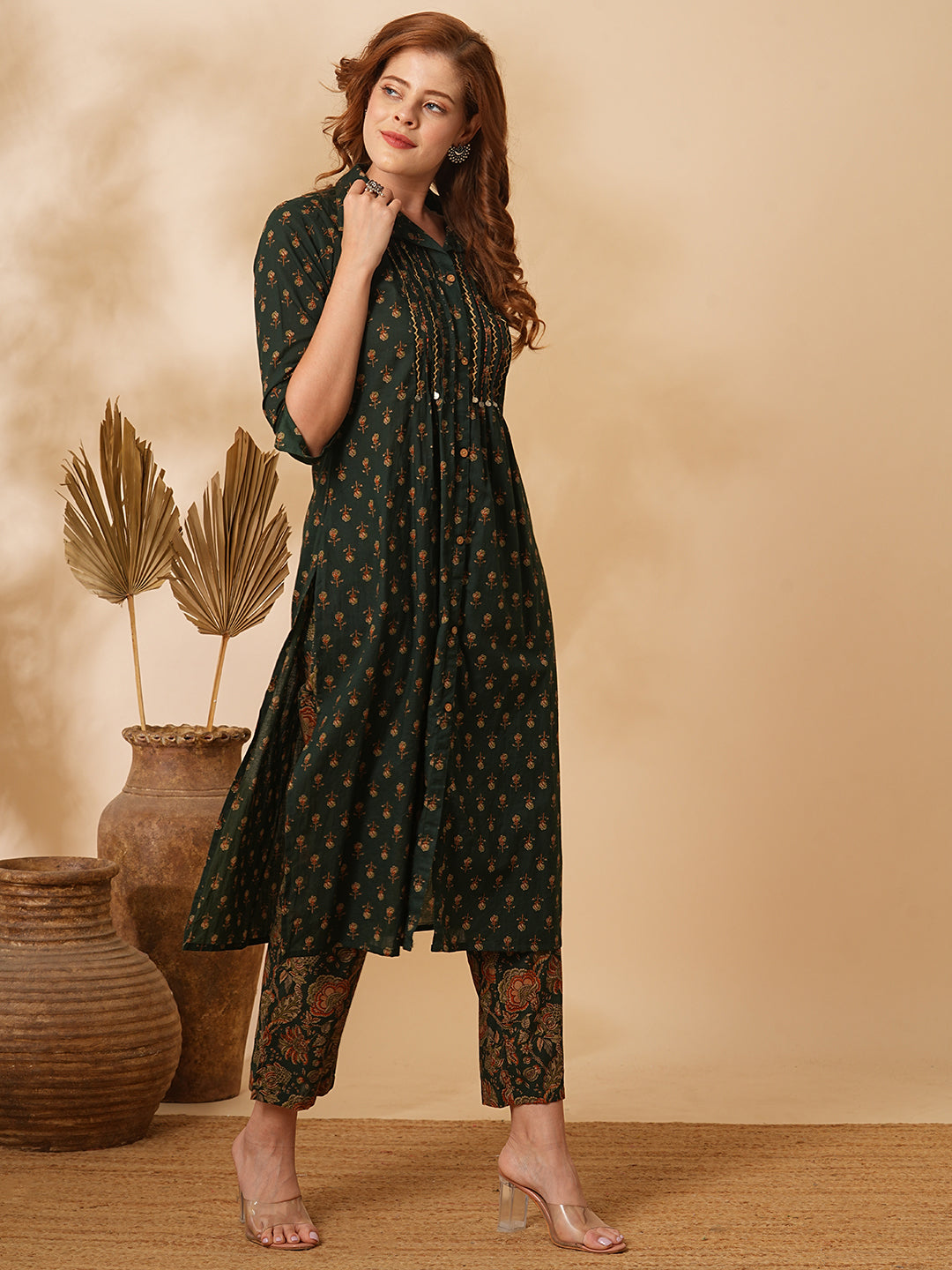 Floral Printed & Embroidered Straight Fit Kurta with Pant - Green