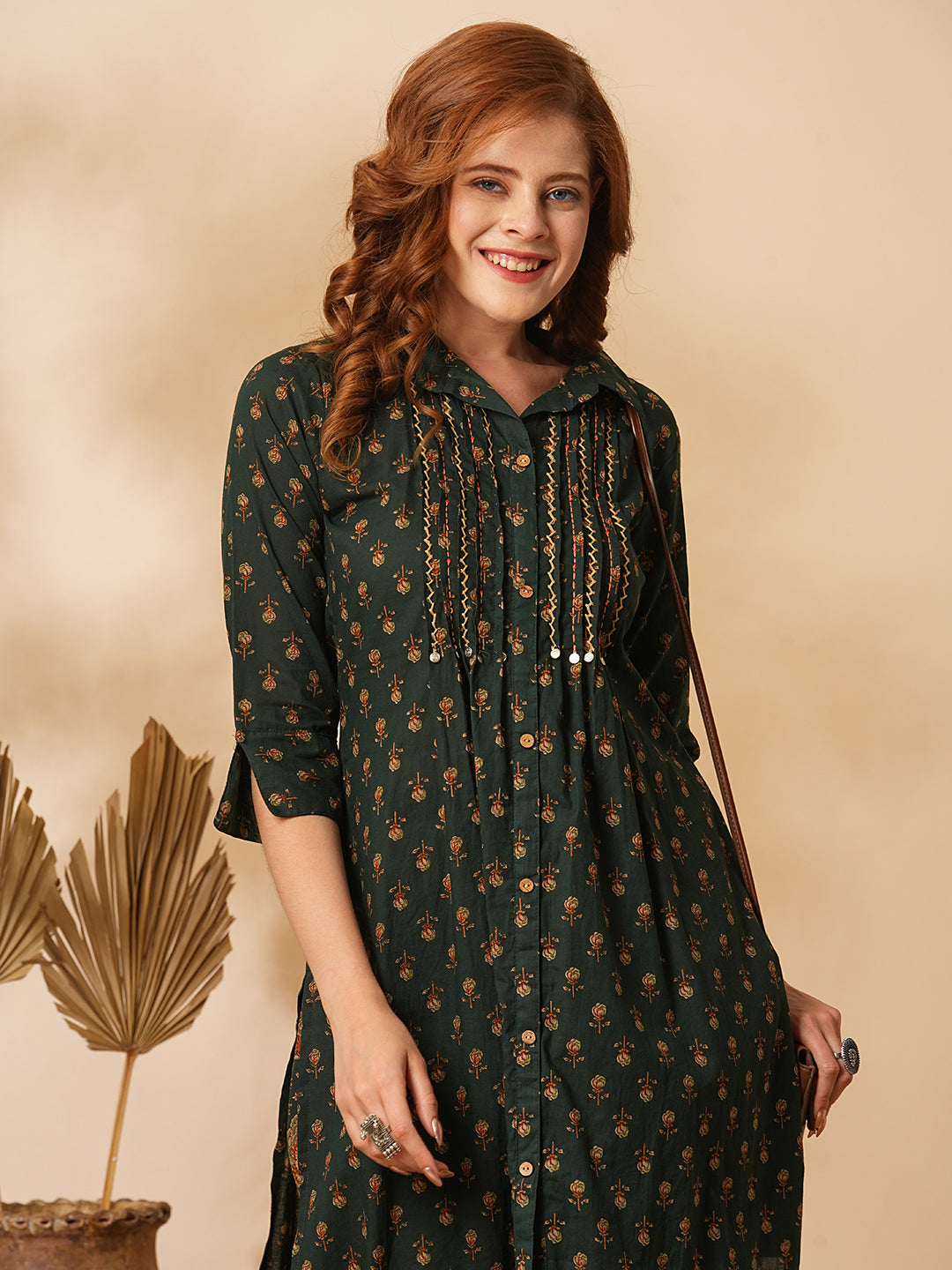 Floral Printed & Embroidered Straight Fit Kurta with Pant - Green