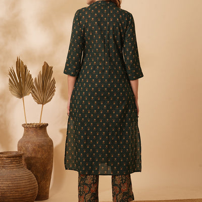 Floral Printed & Embroidered Straight Fit Kurta with Pant - Green