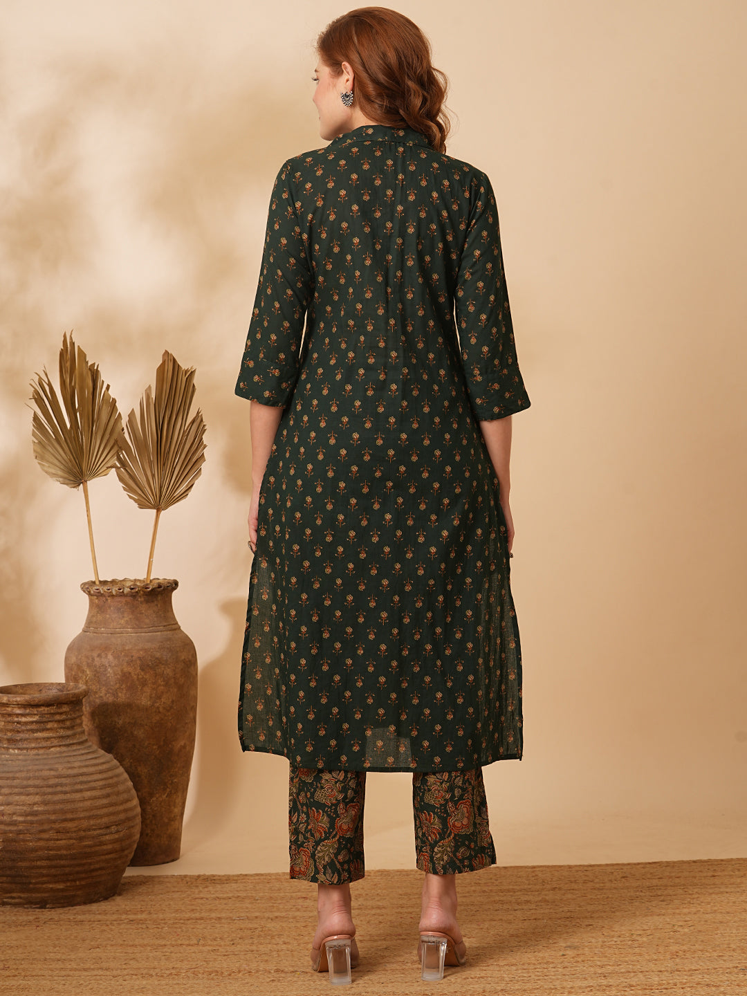 Floral Printed & Embroidered Straight Fit Kurta with Pant - Green