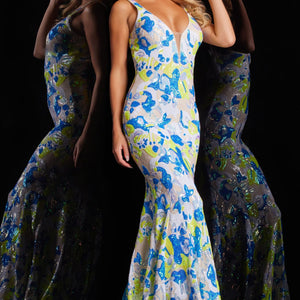 Sequin Print Fitted Sleeveless Gown by Jovani 26130