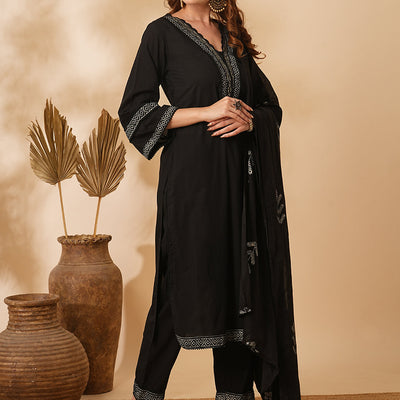 Solid Ethnic Printed & Embroidered Straight Kurta with Pant & Dupatta - Black