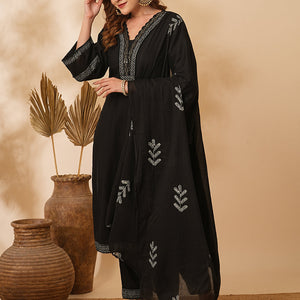 Solid Ethnic Printed & Embroidered Straight Kurta with Pant & Dupatta - Black