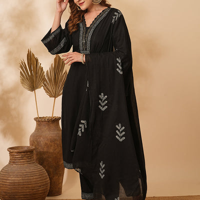 Solid Ethnic Printed & Embroidered Straight Kurta with Pant & Dupatta - Black