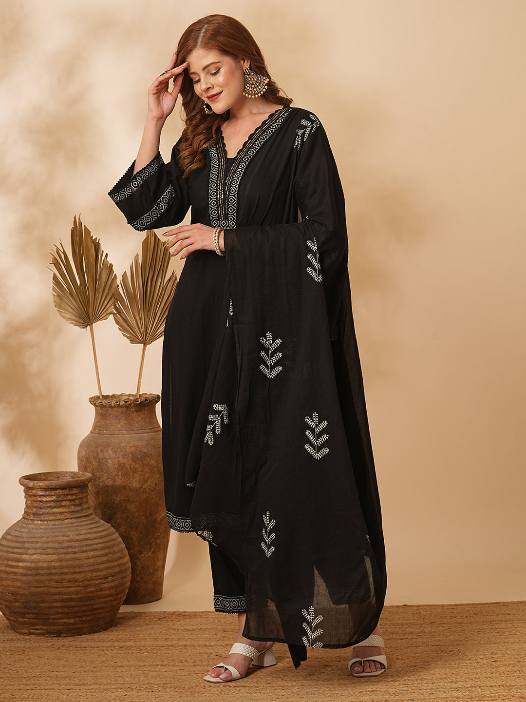 Solid Ethnic Printed & Embroidered Straight Kurta with Pant & Dupatta - Black