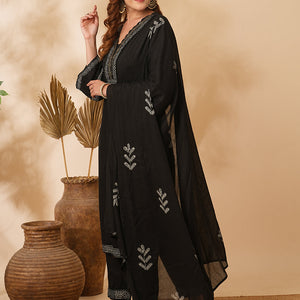 Solid Ethnic Printed & Embroidered Straight Kurta with Pant & Dupatta - Black