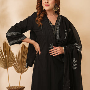 Solid Ethnic Printed & Embroidered Straight Kurta with Pant & Dupatta - Black