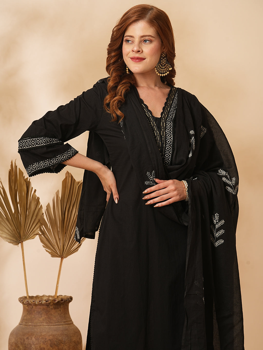 Solid Ethnic Printed & Embroidered Straight Kurta with Pant & Dupatta - Black