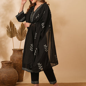 Solid Ethnic Printed & Embroidered Straight Kurta with Pant & Dupatta - Black