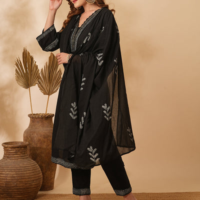 Solid Ethnic Printed & Embroidered Straight Kurta with Pant & Dupatta - Black