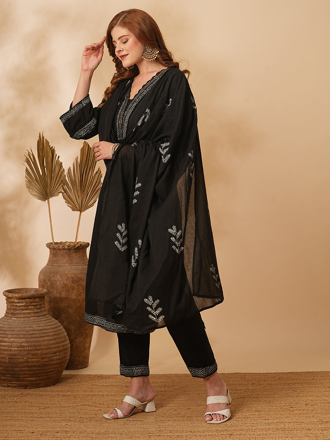 Solid Ethnic Printed & Embroidered Straight Kurta with Pant & Dupatta - Black