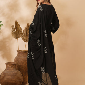 Solid Ethnic Printed & Embroidered Straight Kurta with Pant & Dupatta - Black