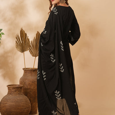 Solid Ethnic Printed & Embroidered Straight Kurta with Pant & Dupatta - Black