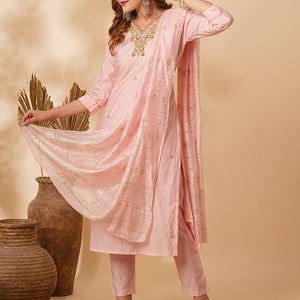 Solid Floral Hand Embroidered Straight Fit Kurta with Pant & Dupatta - Pink