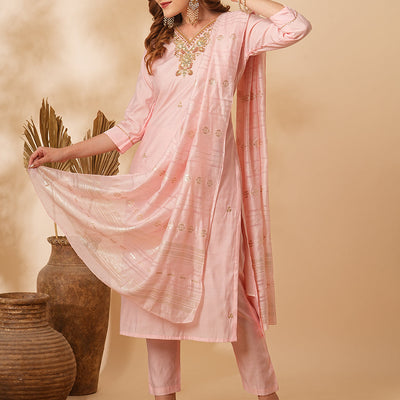Solid Floral Hand Embroidered Straight Fit Kurta with Pant & Dupatta - Pink