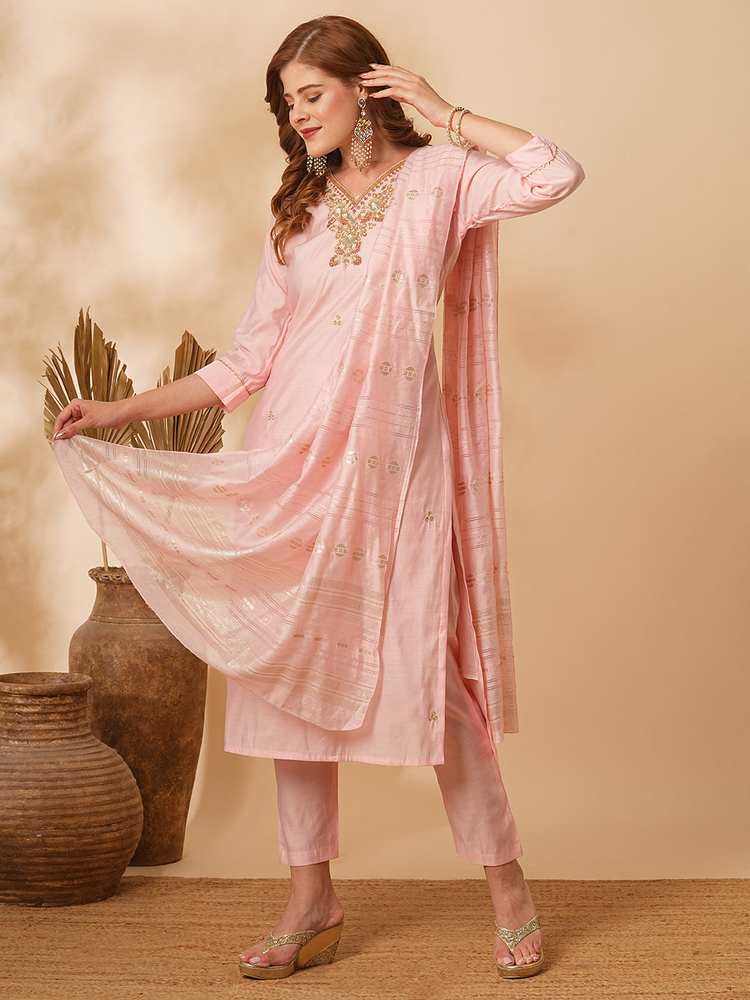 Solid Floral Hand Embroidered Straight Fit Kurta with Pant & Dupatta - Pink