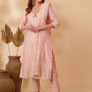 Solid Floral Hand Embroidered Straight Fit Kurta with Pant & Dupatta - Pink