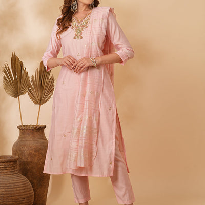 Solid Floral Hand Embroidered Straight Fit Kurta with Pant & Dupatta - Pink